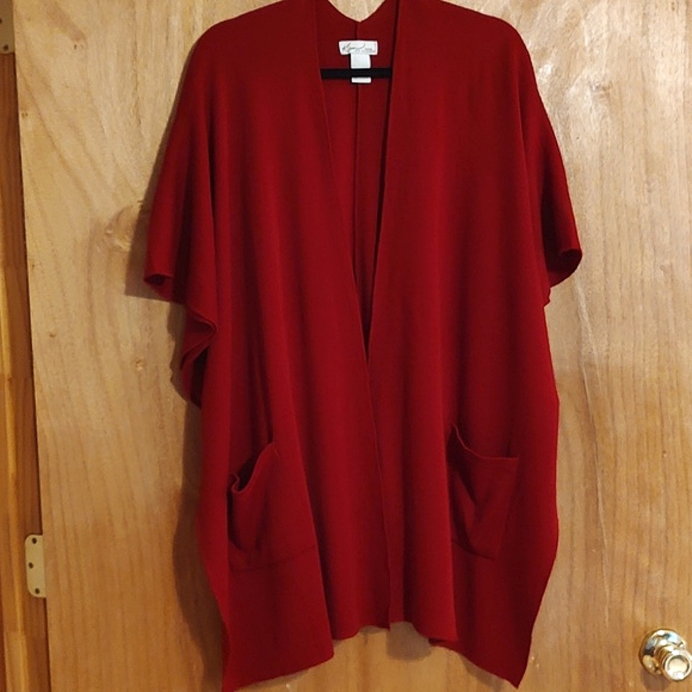 Kim Rogers Woman Jersey Open Front Poncho Red Lagenlook Stretch Cape Sweater 1X